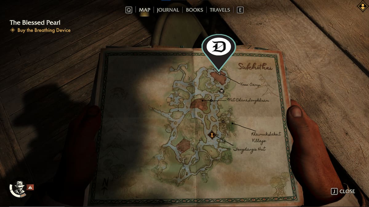 A screenshot of a hand-drawn map pinpointing where Voss' camp is.