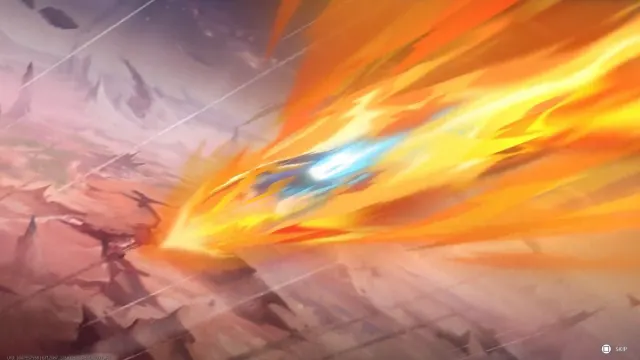 A shot of a fiery aircraft descending onto Kylntar in Marvel Rivals