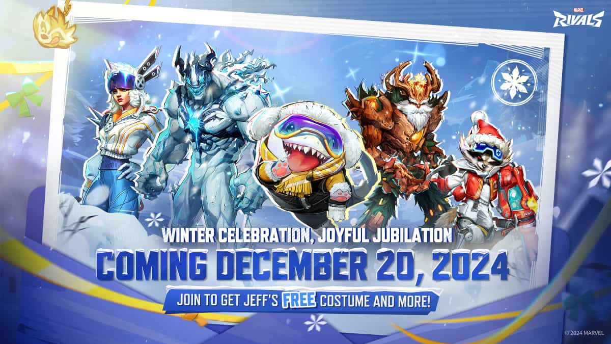 Key art for the Marvel Rivals Winter Celebration showing new skins.