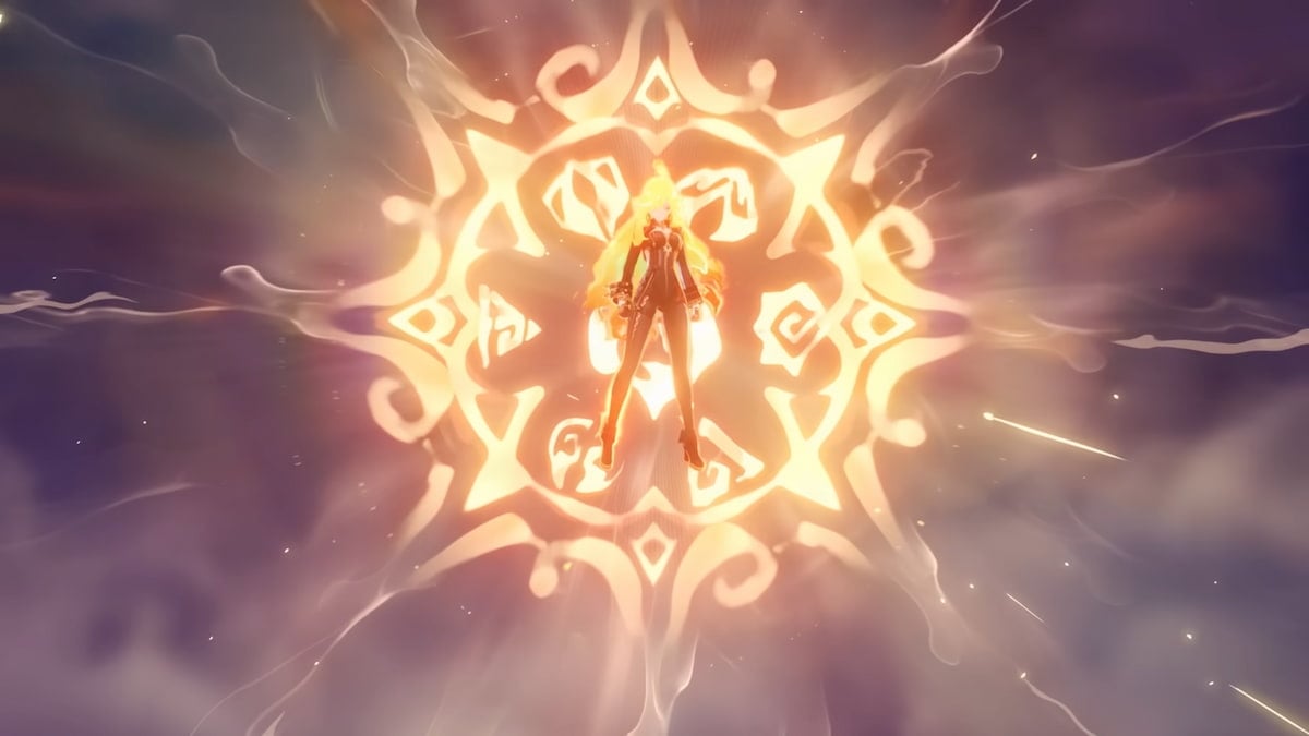 An image of Mavuika flying in the sky in Genshin Impact, with a ring of searing radiance behind her. Mavuika activated this power during the war against the Abyss.