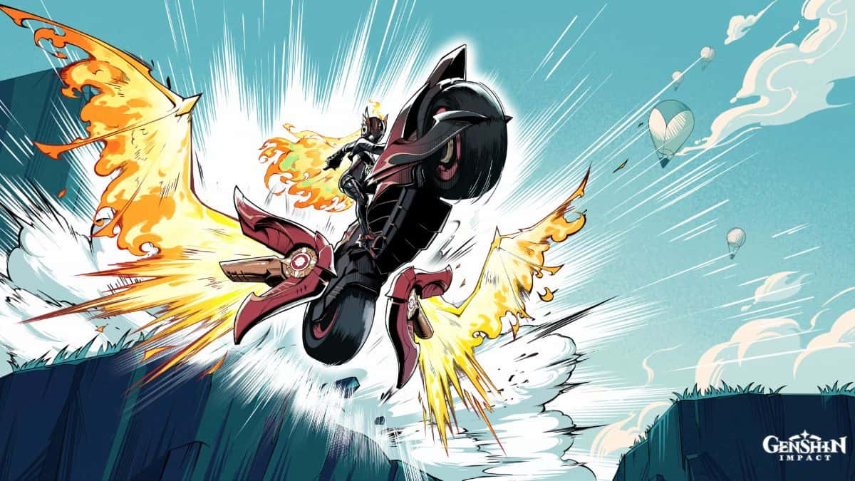 An image of Mavuika from Genshin Impact on her motorcycle flying over a cliff side. The motorcycle has flaming wings that help her fly.