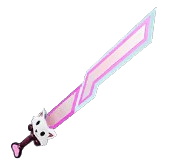 A pink sword with a white cat head at the hilt. This shows readers the Meowmere sword from Palworld