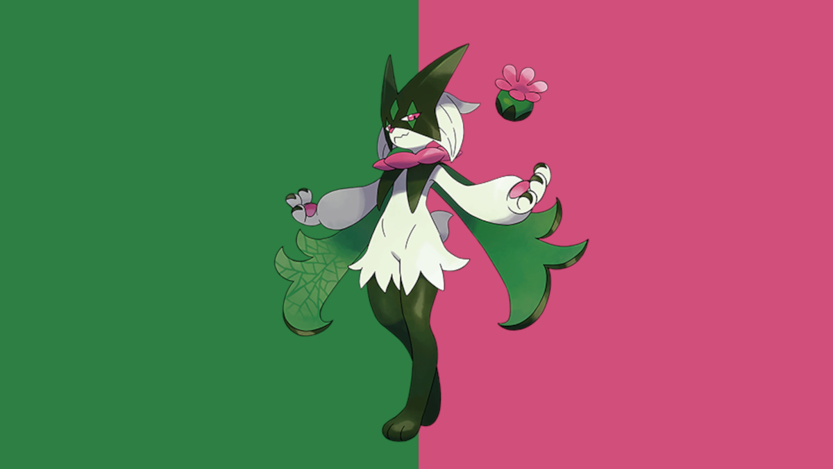 Mewoscawarda, a grass cat Pokemon wearing a black masquerade mask, raises its arms to the side.