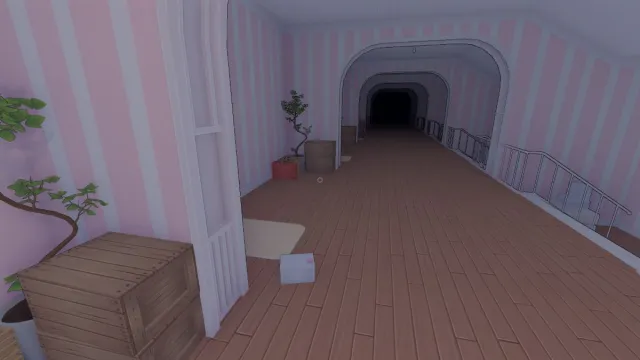 Walking down an endless hallway where the end isn't visible due to the darkness. A white box can be seen in the ground, with a Cartridge on top