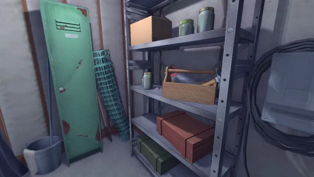 Looking at the metal shelving unit where the Cartridge sits next to a red saw. A green locker is visible next to it, inside the Basement