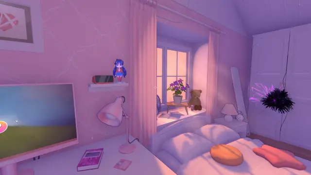 Looking at a miniature Mita in place of the figurine above Mila's computer, with the third glitch visible in the bedroom background