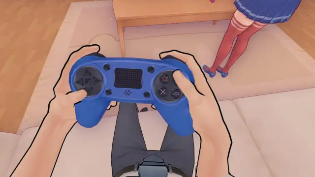 Looking down at Player one's hands holding a blue controller