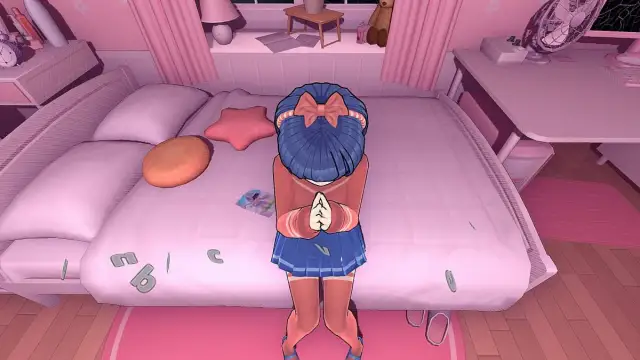 A faceless Mita sitting on her bed with her head pointing to the floor and her hands brought together in a praying position