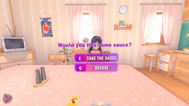 Looking at Mita with the pop-up dialogue choice to take the sauce or refuse