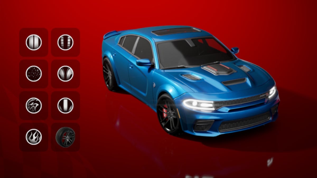 the blue hellcat car in fortnite against a red background