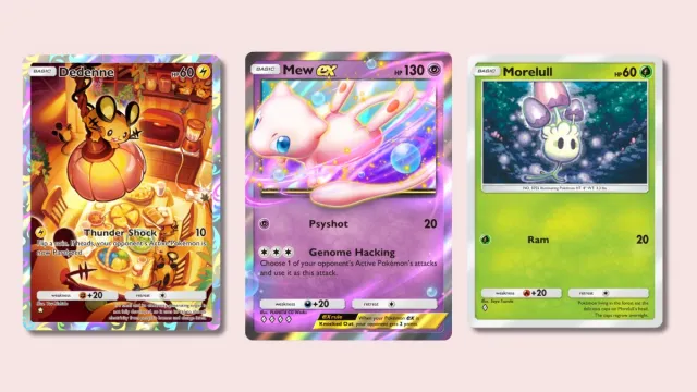 Dedenne, Mew ex, and Morelul Pokémon TCG Pocket cards on plain background.