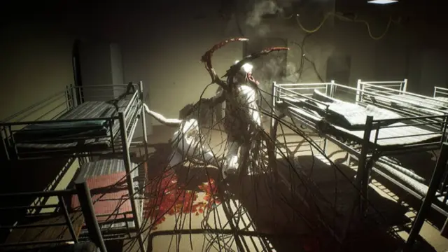 A character in the middle of their transformation into a monster, standing on top of a corpse inside one of Nuclear Nightmare's facilities