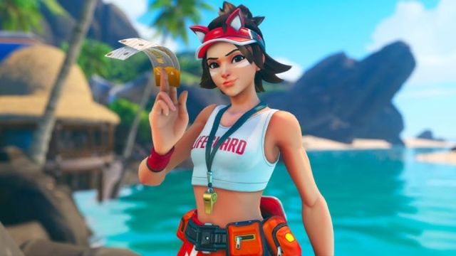 An image from Overwatch 2 of the Lifeguard Kiriko Skin, which transforms this ninja into a lifeguard with a bathing suit.