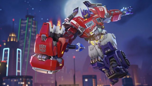 An image from Overwatch 2 of the Optimus Prime Reinhardt skin, which turns the tank into the famous transformer.