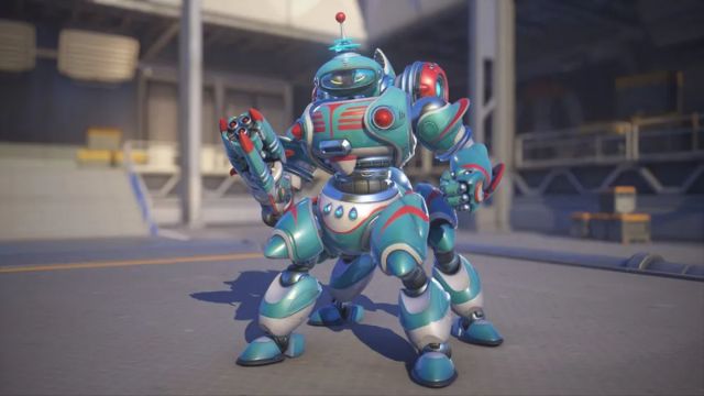 An image from Overwatch 2 of the Retro Future Orisa skin, which transforms her into a retro blue robot.