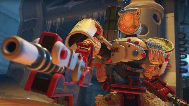 An image from Overwatch 2 of a skin that transforms Bastion into a massive walking ramen noodle dish.