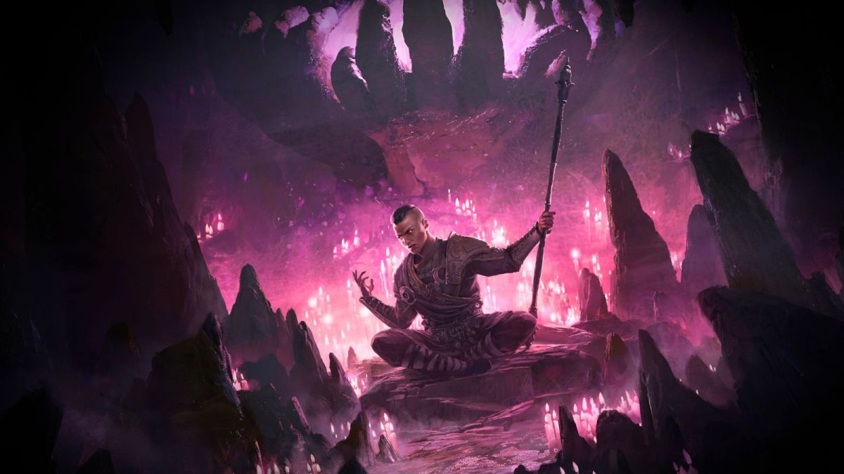 Image from Path of Exile 2 key art showing playable class Monk with celestial pink cave detailing and dark edges.