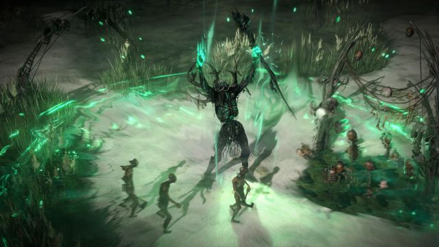 Act three boss enemy in Path of Exile skeletal figure with glowing green magic.