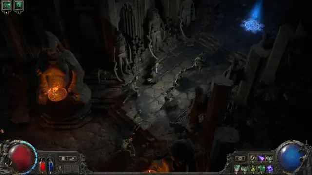 Una bruja deambula por una mazmorra oscura en Path of Exile 2 con un ejército de muertos vivientes a su lado.