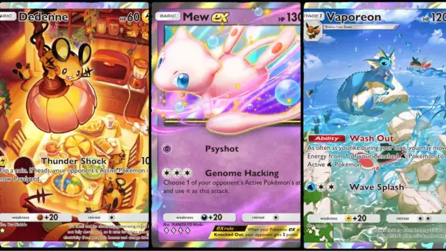 Dedenne, Mew ex and Vaporeon from the Mythical Island set in Pokemon TCG Pocket.