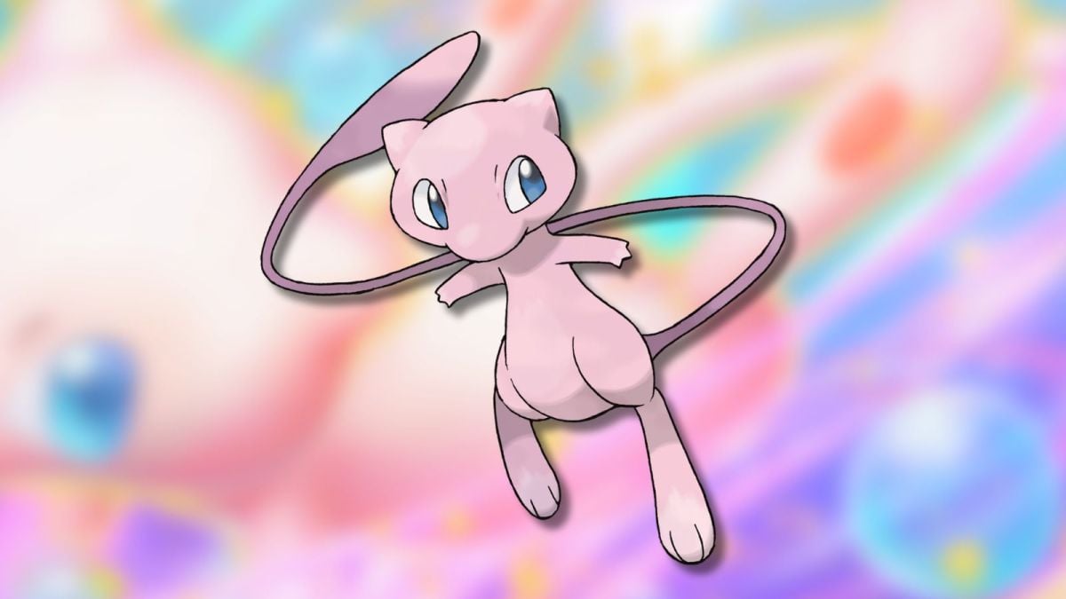 Mew Pokémon with vibrant ex card in the background blurry.