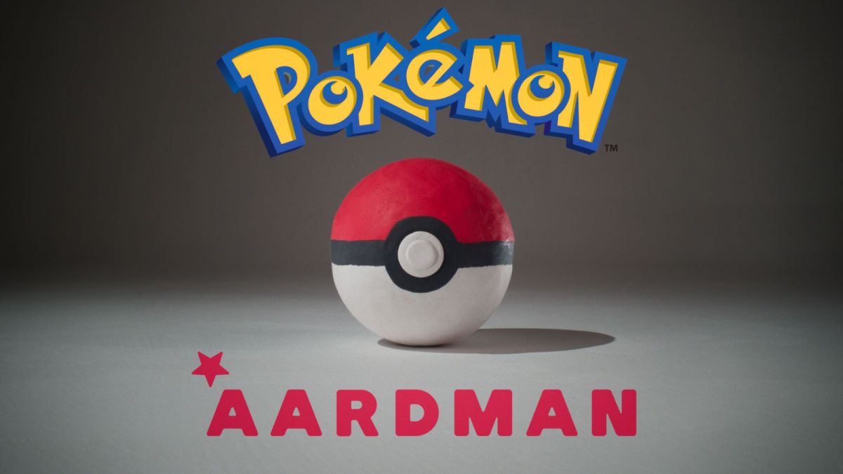 Pokémon and Aardman logos over Pokéball with a plain grey background from collaborative project.