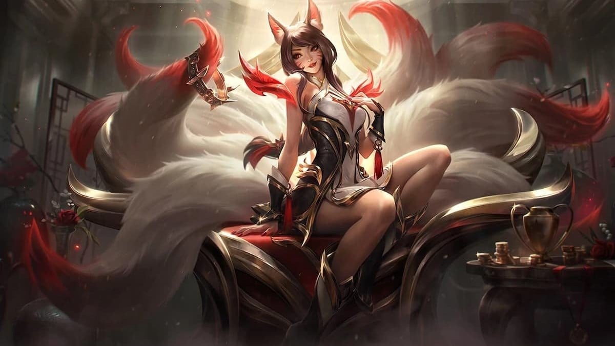 Ahri sitting on a red throne, with a crown falling on one of her nine tails.