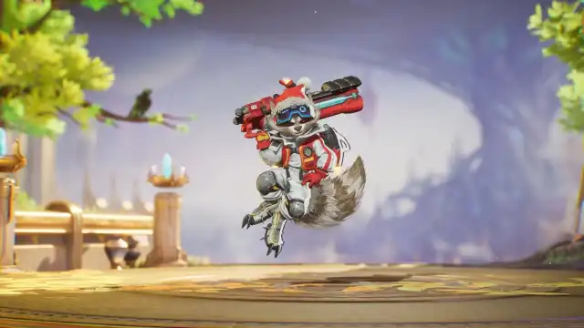 Rocket Raccoon wearing his Winter Celebration skin in Marvel Rivals.