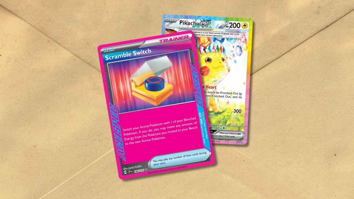 Pokémon ACE SPEC and Pikachu card with envelope background.