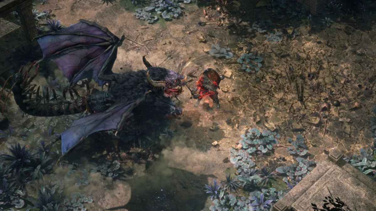 Player character fighting a dragon in Path of Exile 2 early access.