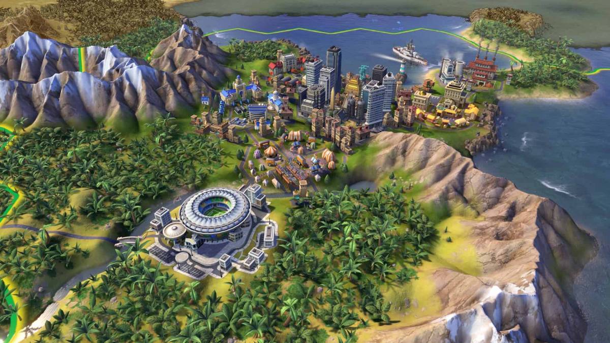 A city by the sea surrounded by trees and mountains in Civ 6