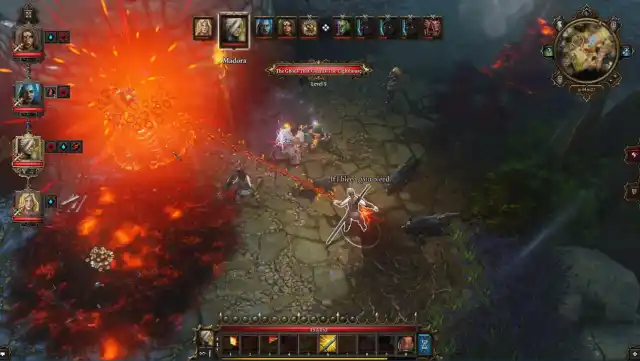 A screenshot from Divinity Original Sin showing a male figure firing a red fiery attack on a monster.