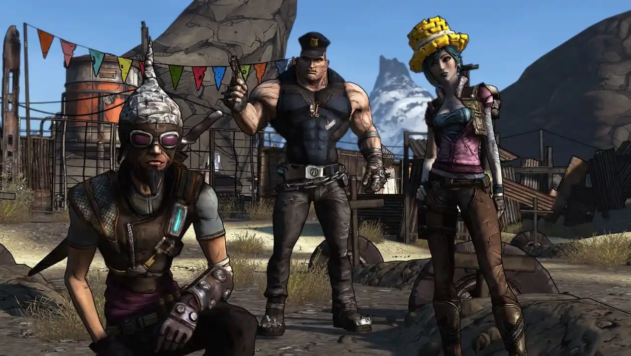 Three characters from Borderlands stand against a mountain terrain background.