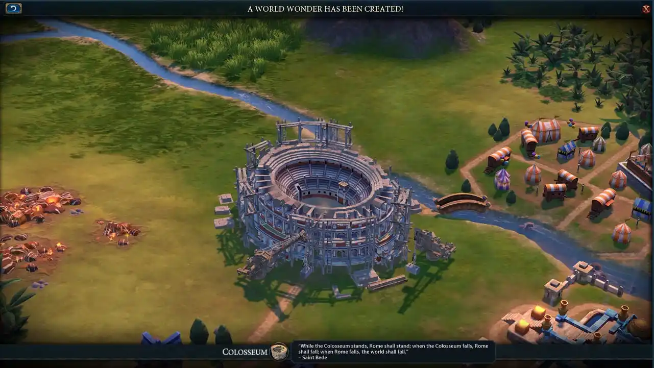 A screenshot from Civ 6 showing a roman colosseum against a grassy terrain.