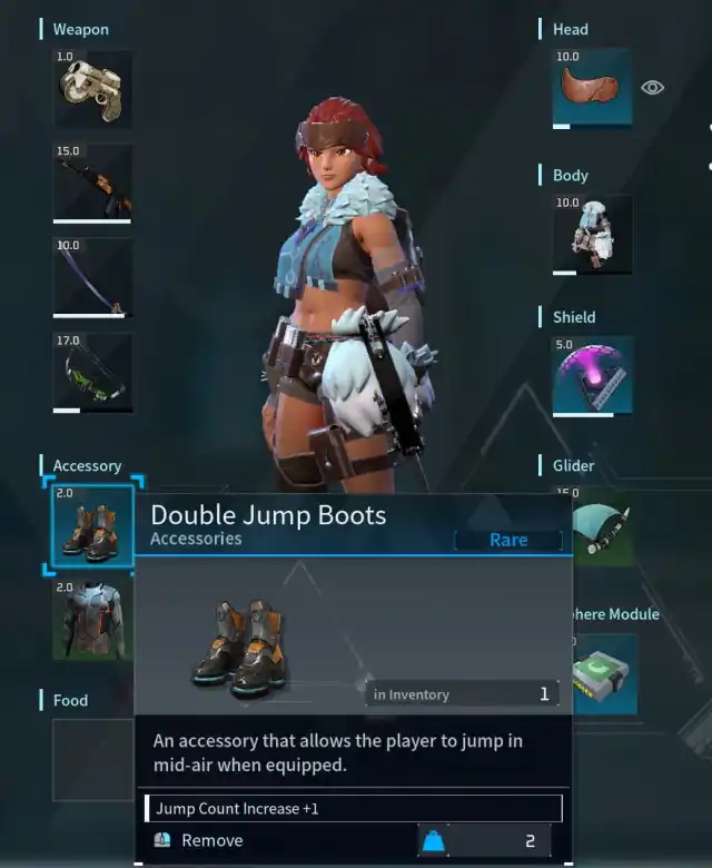 A screenshot from Palworld showing readers where the Double Jump Boots go in your equipment