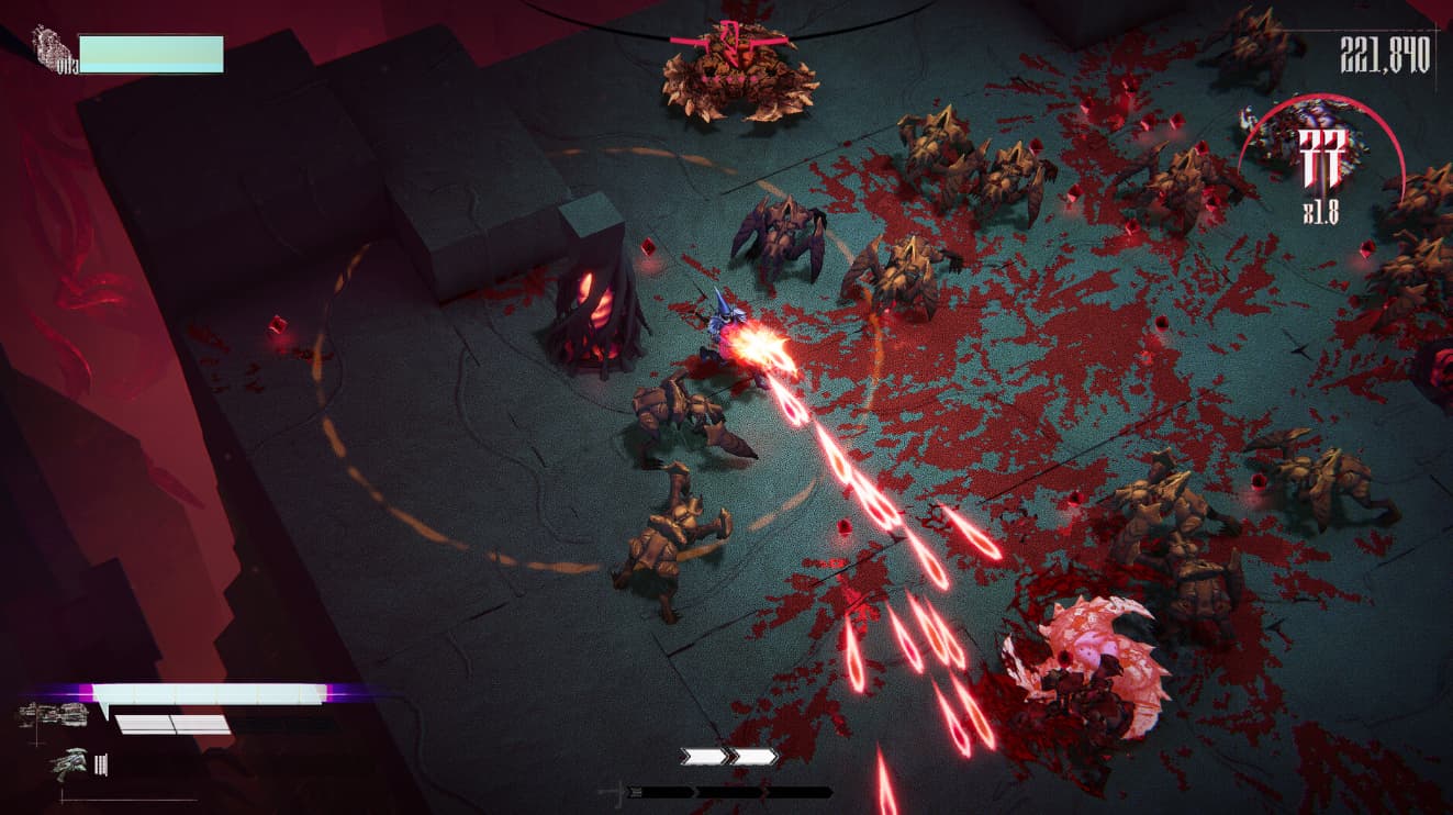 A screenshot from the game KILL KNIGHT that shows the main character attacking the monstrous foes in front of him with red projectiles