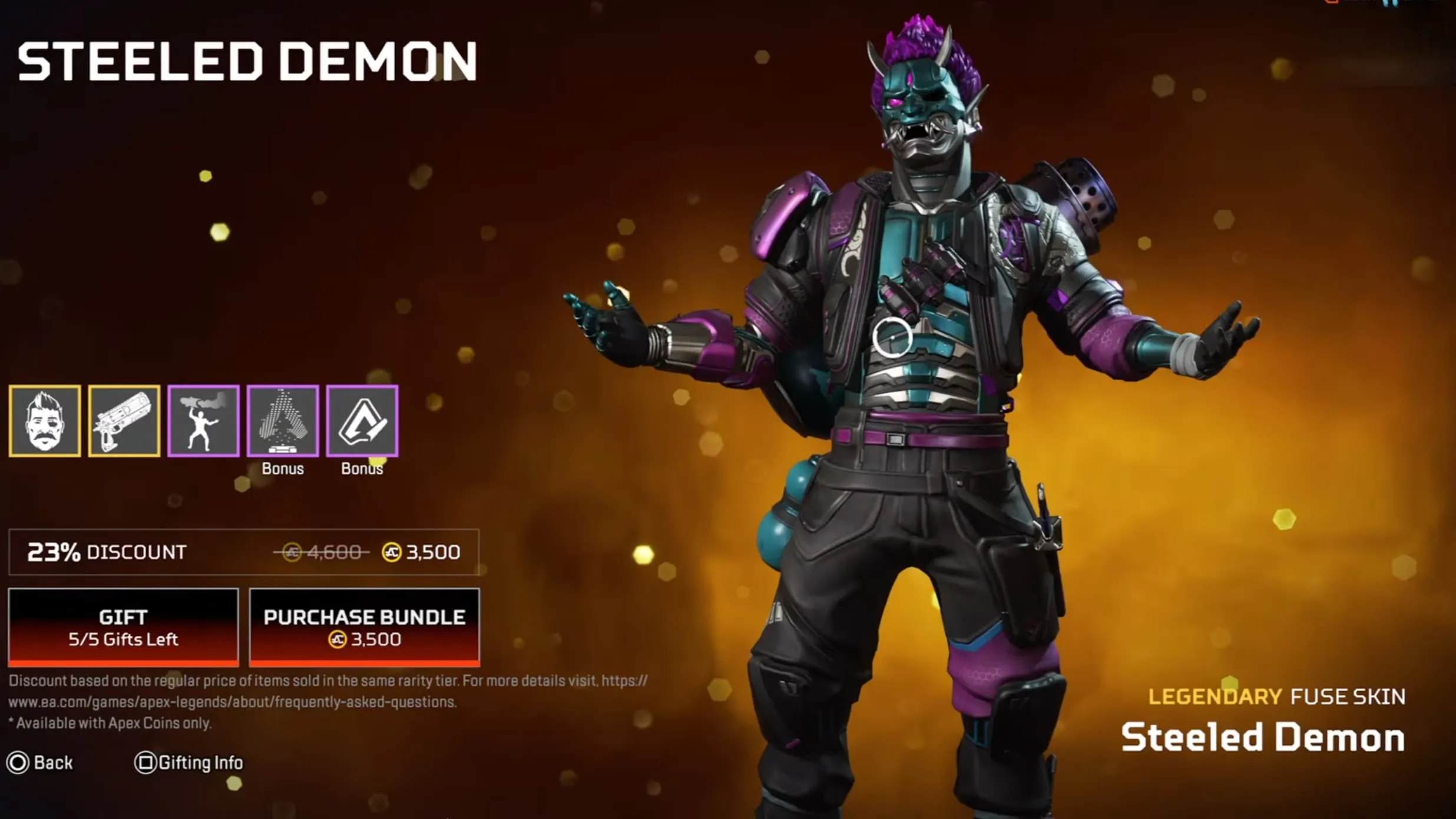 Fuse wears a skin that turns him into a metallic, purple and teal demon