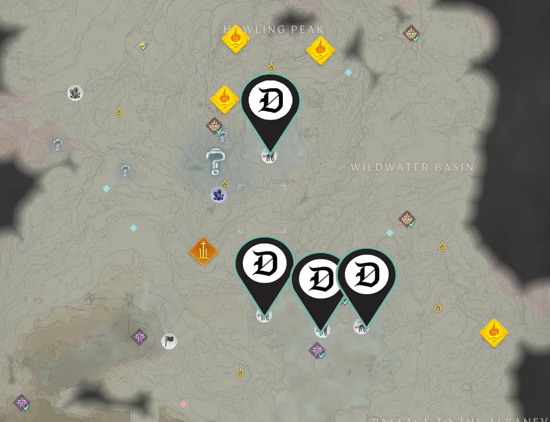 The map of the Albaneve Summits in Enshrouded. There are multiple Dot Esports logo pins marking the locations where players can find Silver Ore.