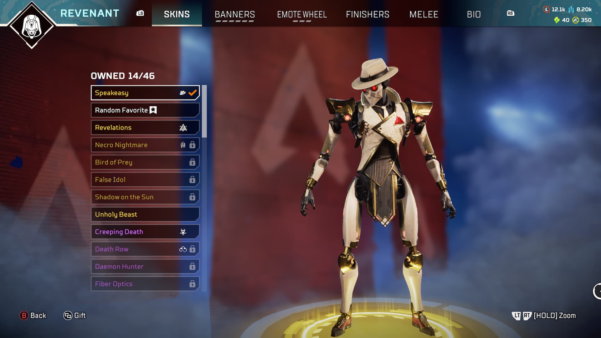 Revenant wears a white suit and fedora over black and gold pin-striped vest.