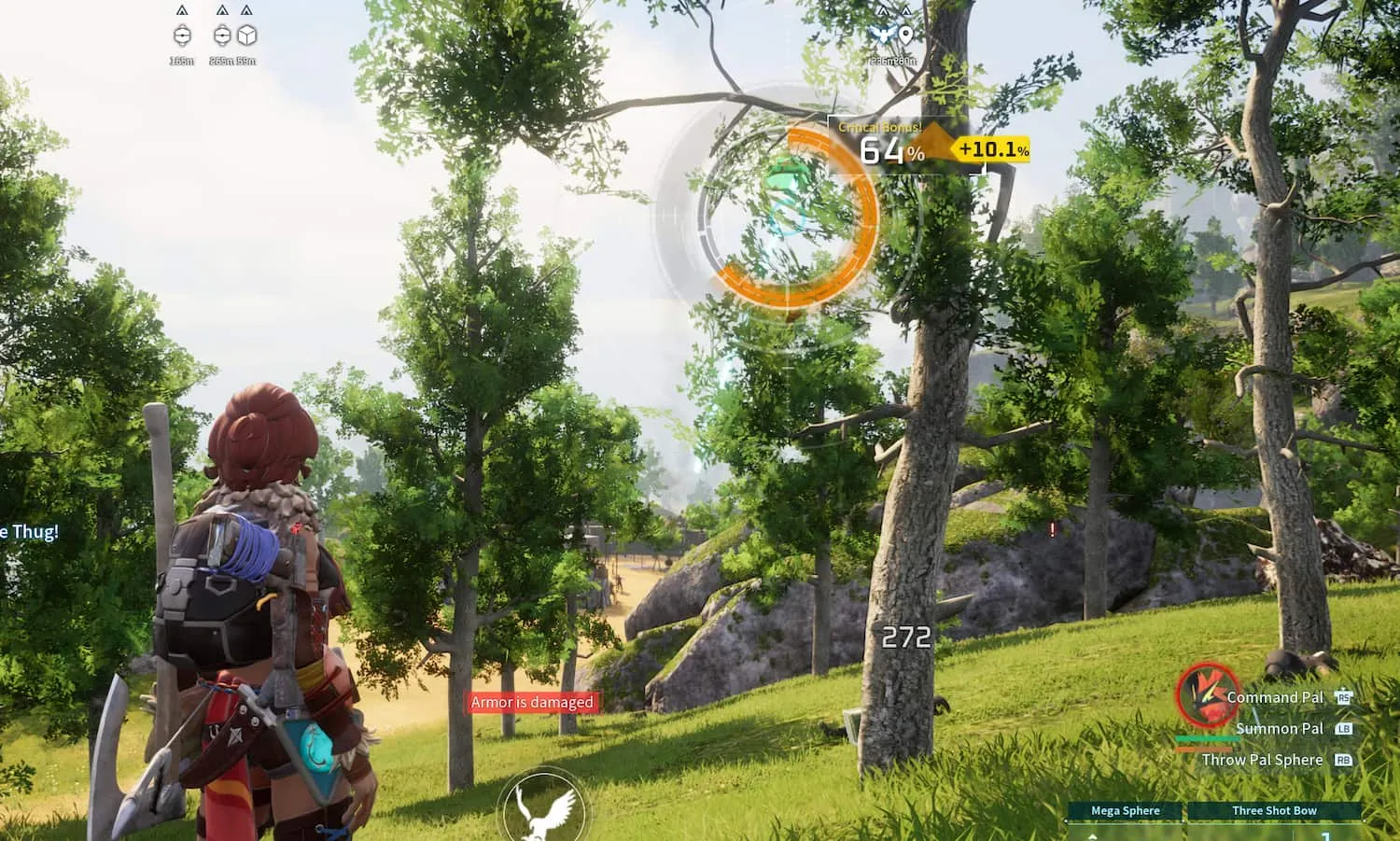 A screenshot from Palworld that shows readers a circle on the screen indicating a 64-percent chance to catch a creature, plus 10 percent for a Sphere Critical