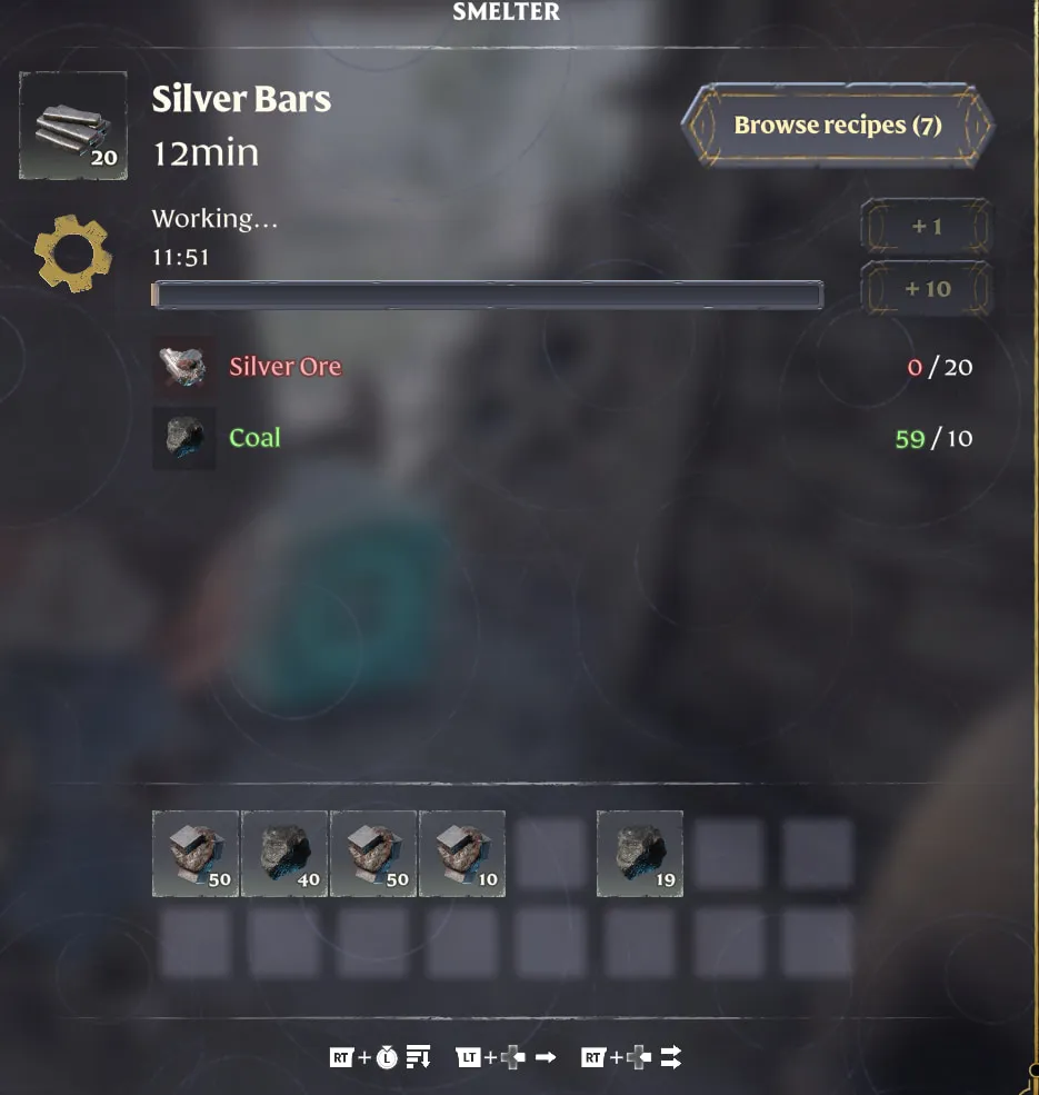 A screenshot from Enshrouded showing readers the ingredients needed to craft Silver Bars at the Blast Furnace.