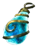 A blue tear drop-shaped bottle from Palworld with a gold spiral accent wrapping around it. This is the Stout Fruit item from Palworld.