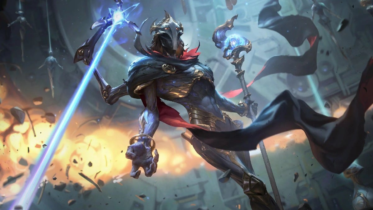 Viktor the Machien Herald Splash art with half machine man holding staff and shooting laser from shoulder