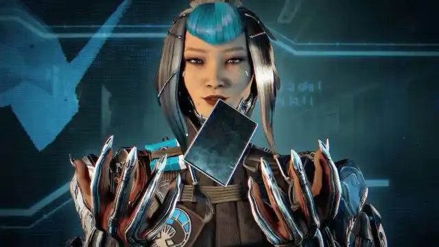 Aoi from Warframe holds up a metal card by using a magnetic field.