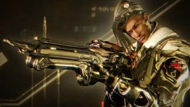 Quincy from Warframe holds a sniper rifle in front of a dark background.