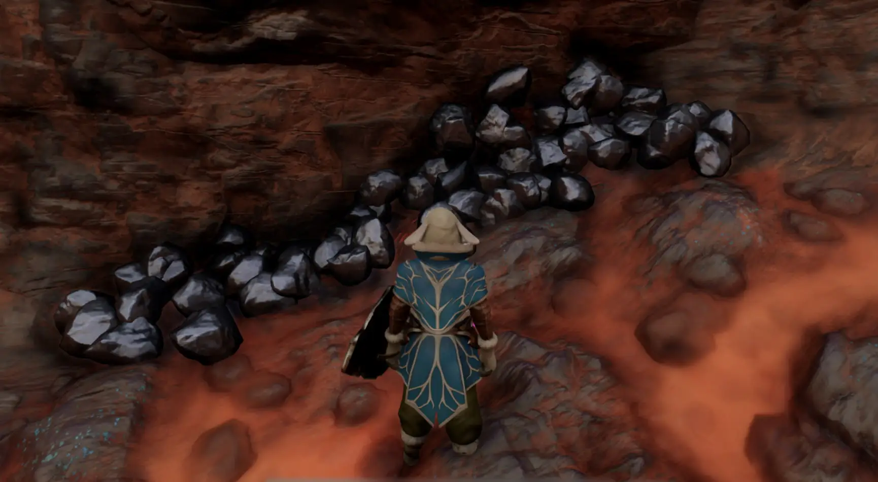 The player character from Enshrouded stands in front of a bunch of dark purple rocks against an orange cliff. This image shows readers what Lapislazuli looks like.