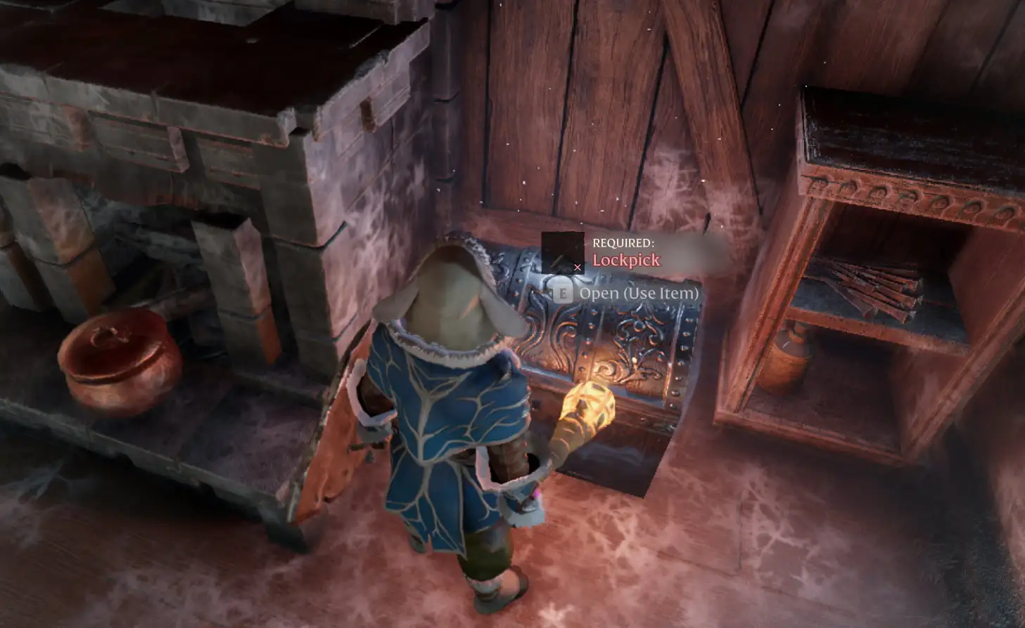 The character from Enshrouded stands inside a house in front of a glowing silver chest. This image shows readers where to find the Fluffy Gloves.