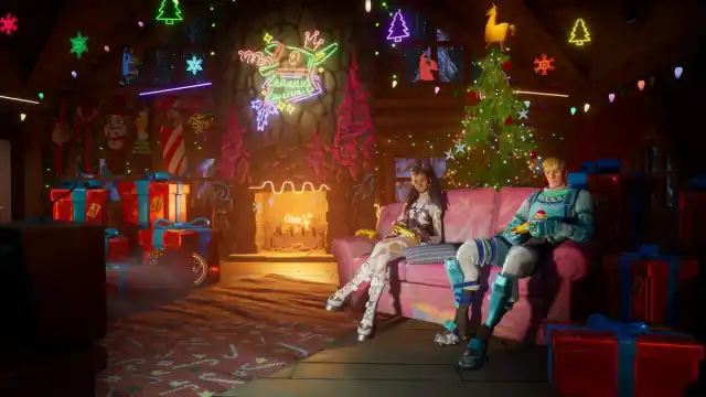 Fortnite characters sitting on a couch in a cozy, holiday-themed house.