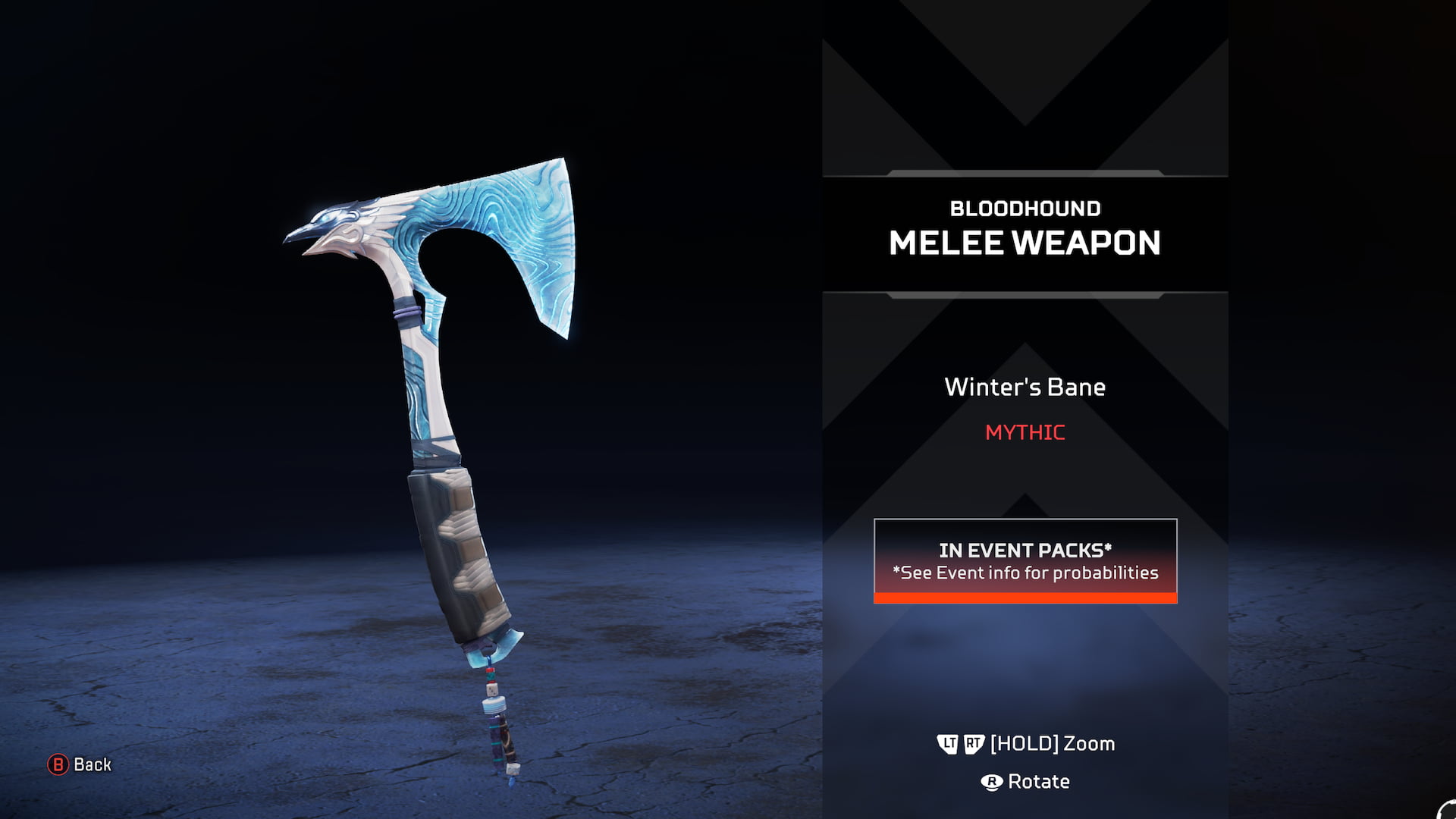 An ice blue hatchet with a crow carved into the back of the head and patterns carved into the blade.