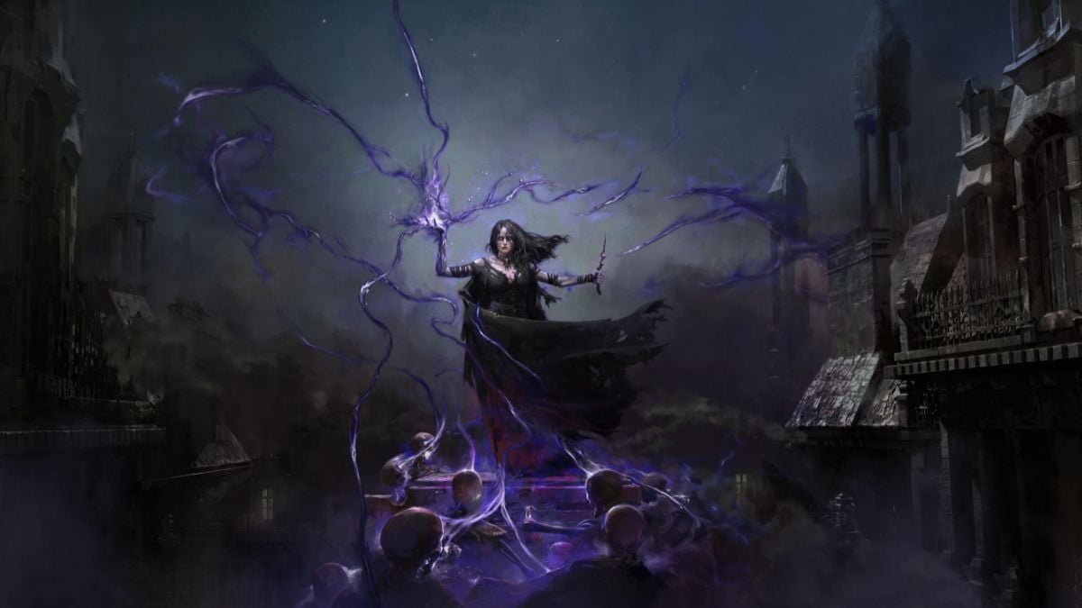 Image from Path of Exile 2 key art showing playable class Witch with dark detailing.